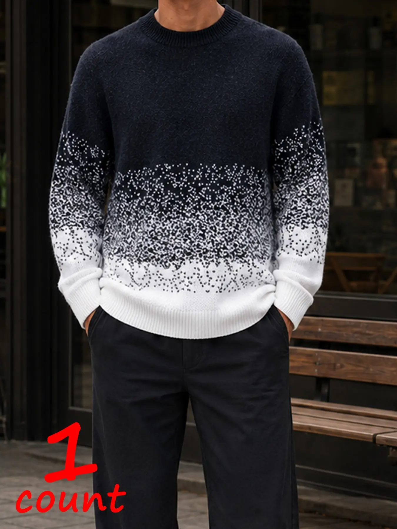 Men's Gradient Speckle Print Crew Neck Knit Sweater, Ombre Long Sleeve Pullover, Soft Thick Casual Textured Top, Fall Winter