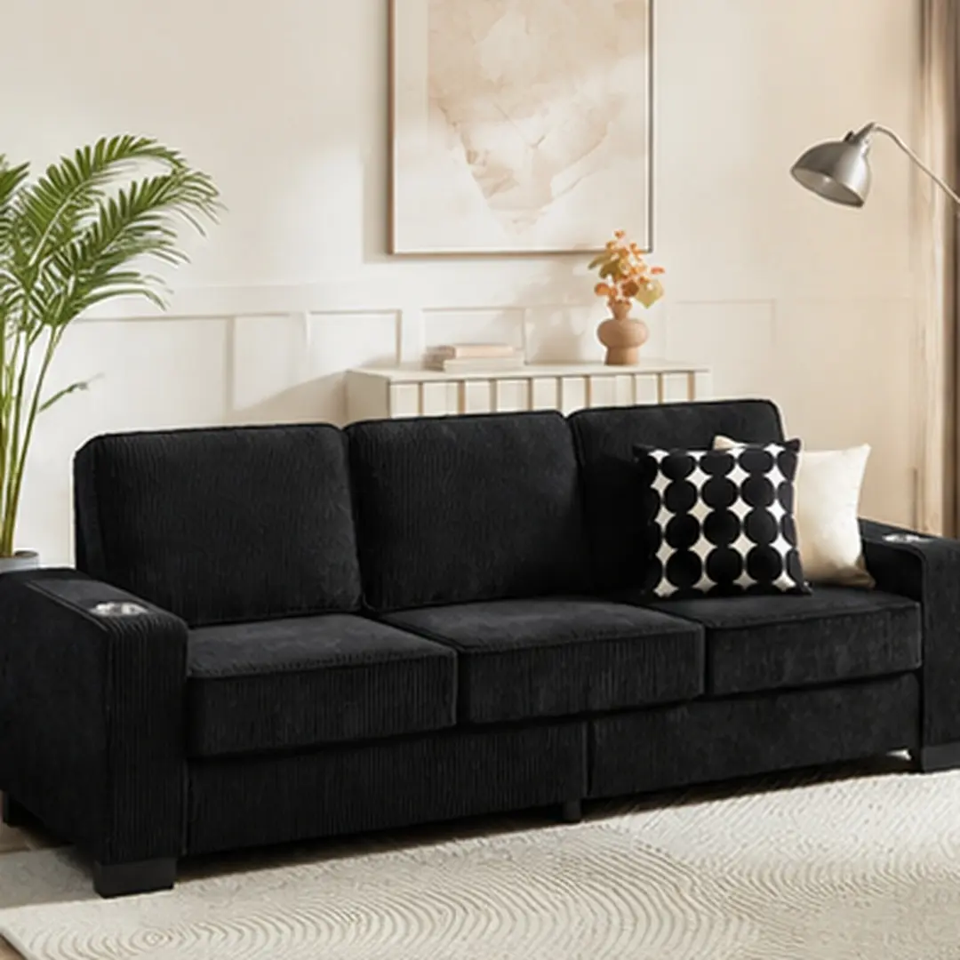ARCH 83.86" Corduroy Fabric 3-Seater Sofa Couch with Cup Holders, Modern Compressed Living Room Sofa, High-Density Sponge & Spring Support, Multiple Color Options for Living Room Bedroom Office, Beige/Black/Blue/Gray Color Options