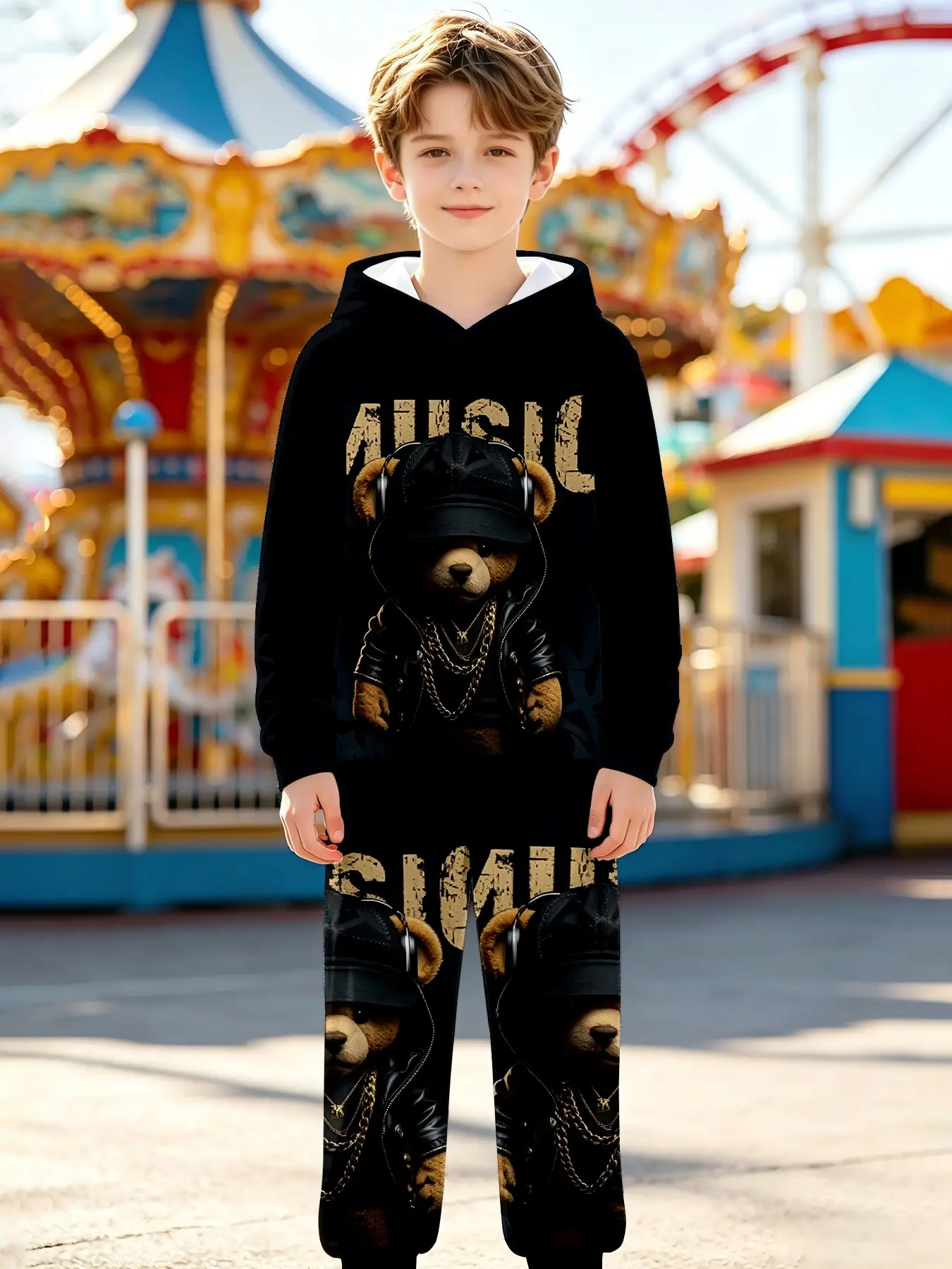 Dark Street Style Kids Hoodie, Cartoon Bear Print Sweatpants, Long Sleeve Loose Fit, Fall & Winter Casual Suit for Boys