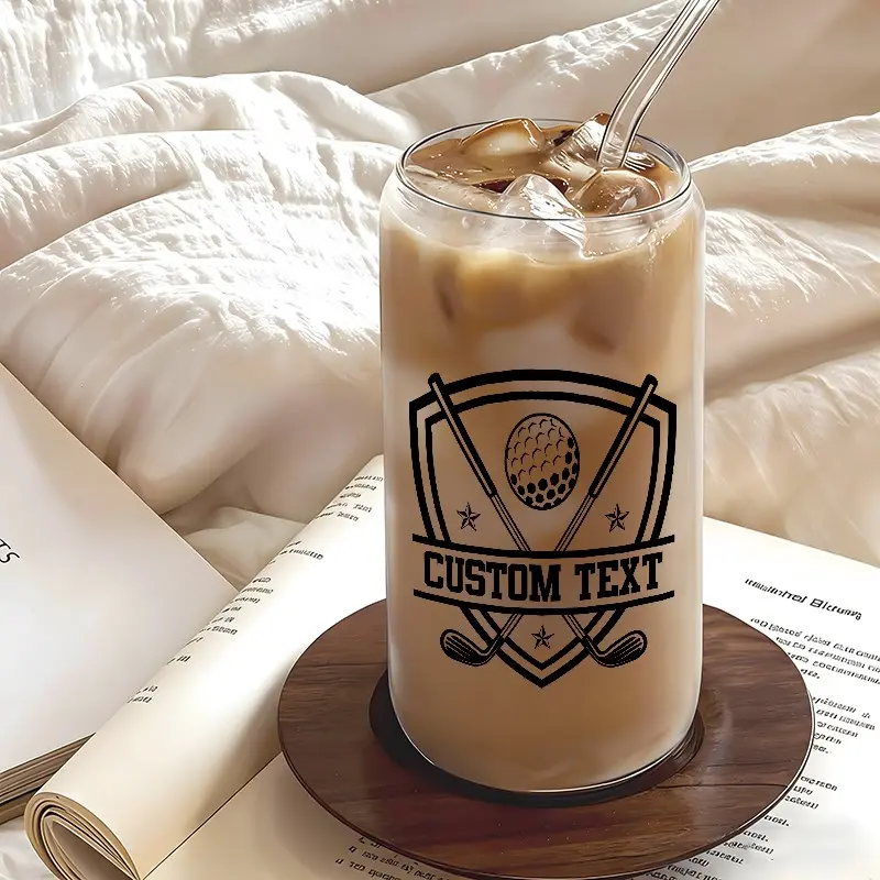 Golf Themed 16oz Glass Cup with Bamboo Lid, Reusable Glass Drinking Cup, Fashionable Sporty Cold Drink Cup, Trendy Glassware Suitable for Iced Coffee Beer, Perfect Gift for Golf Lovers, Dad and Family, Drinkware