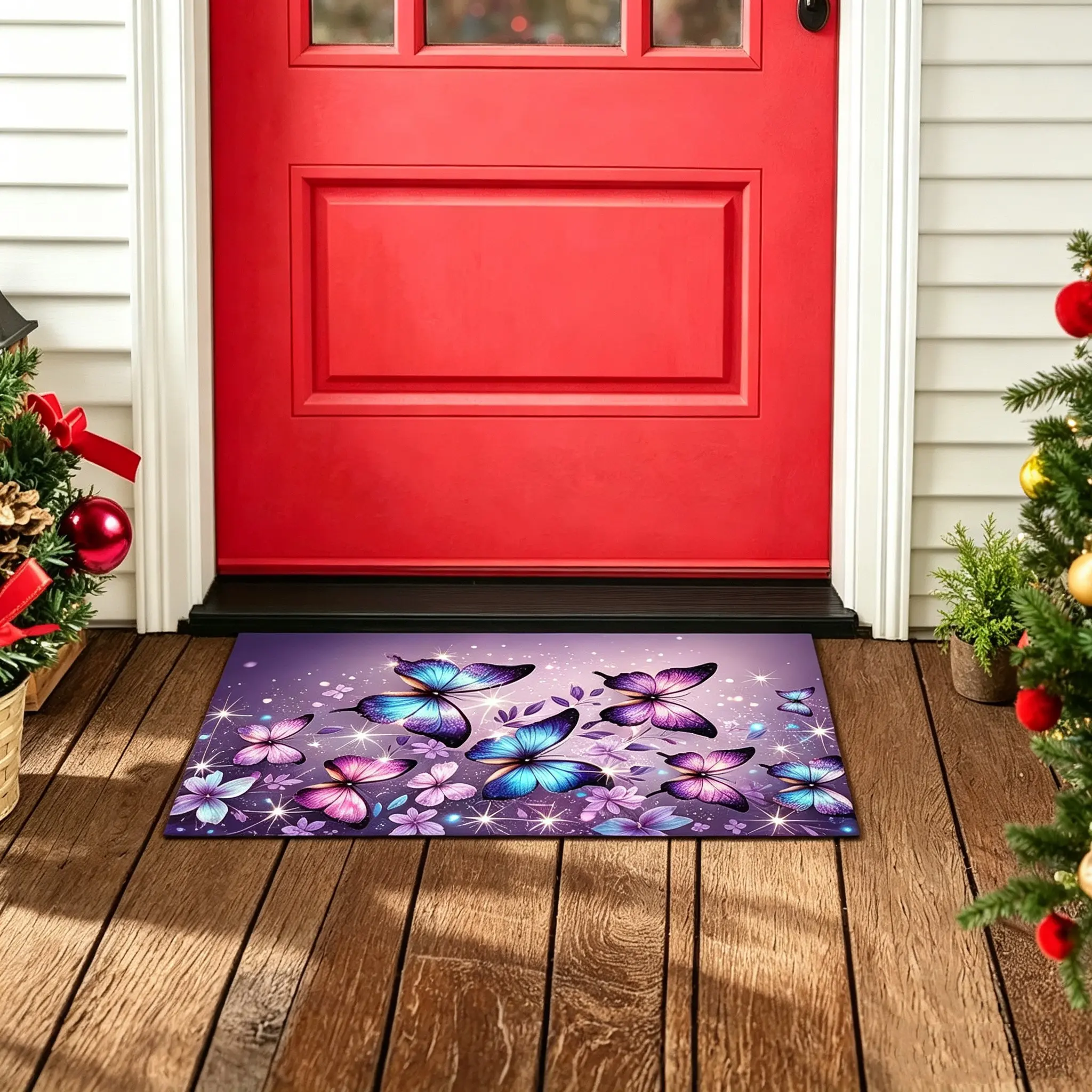 1 blue-purple butterfly pattern printed floor mat, suitable for home entrance, home decoration carpet, suitable for kitchen, living room, corridor, soft bedroom bedside carpet, washbasin,  indoor and outdoor general household welcome mat