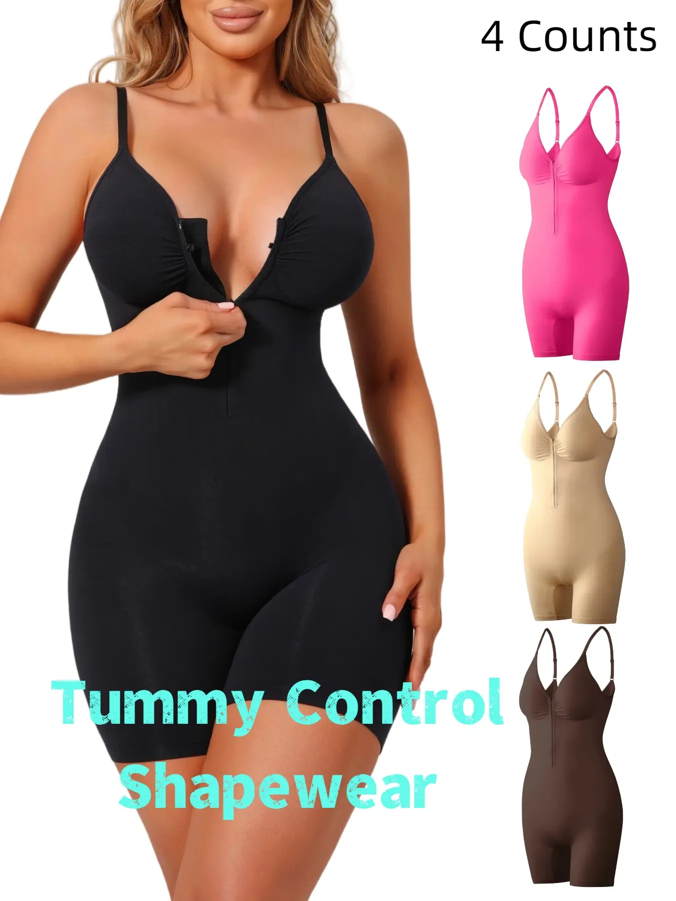 Women's Seamless Fashion Shapewear Bodysuit, Front Zipper One-Piece, Tummy Control Butt Lifting, All-Season Wear, Comfortable & Stylish
