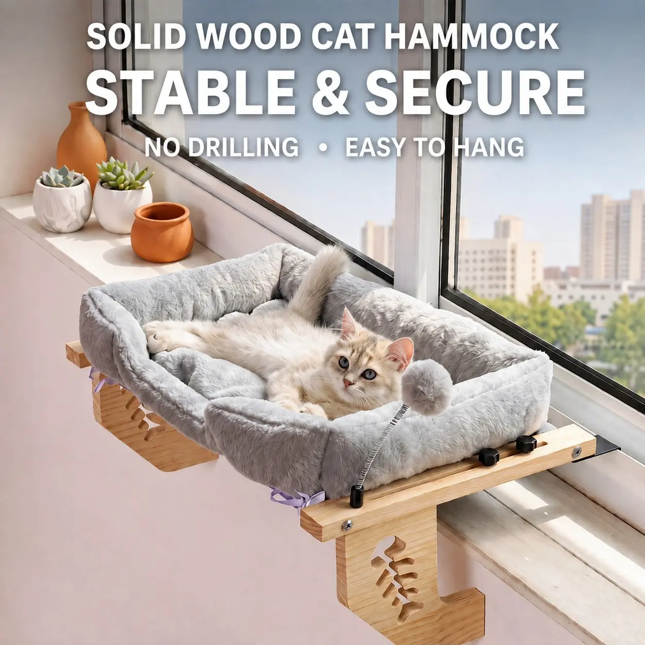 Light Wooden Cat Hammock, Wall-Mounted Hanging Design, Suitable for Various Cat Breeds, Indoor Patio Window Pet Pad, All-Season Warmth