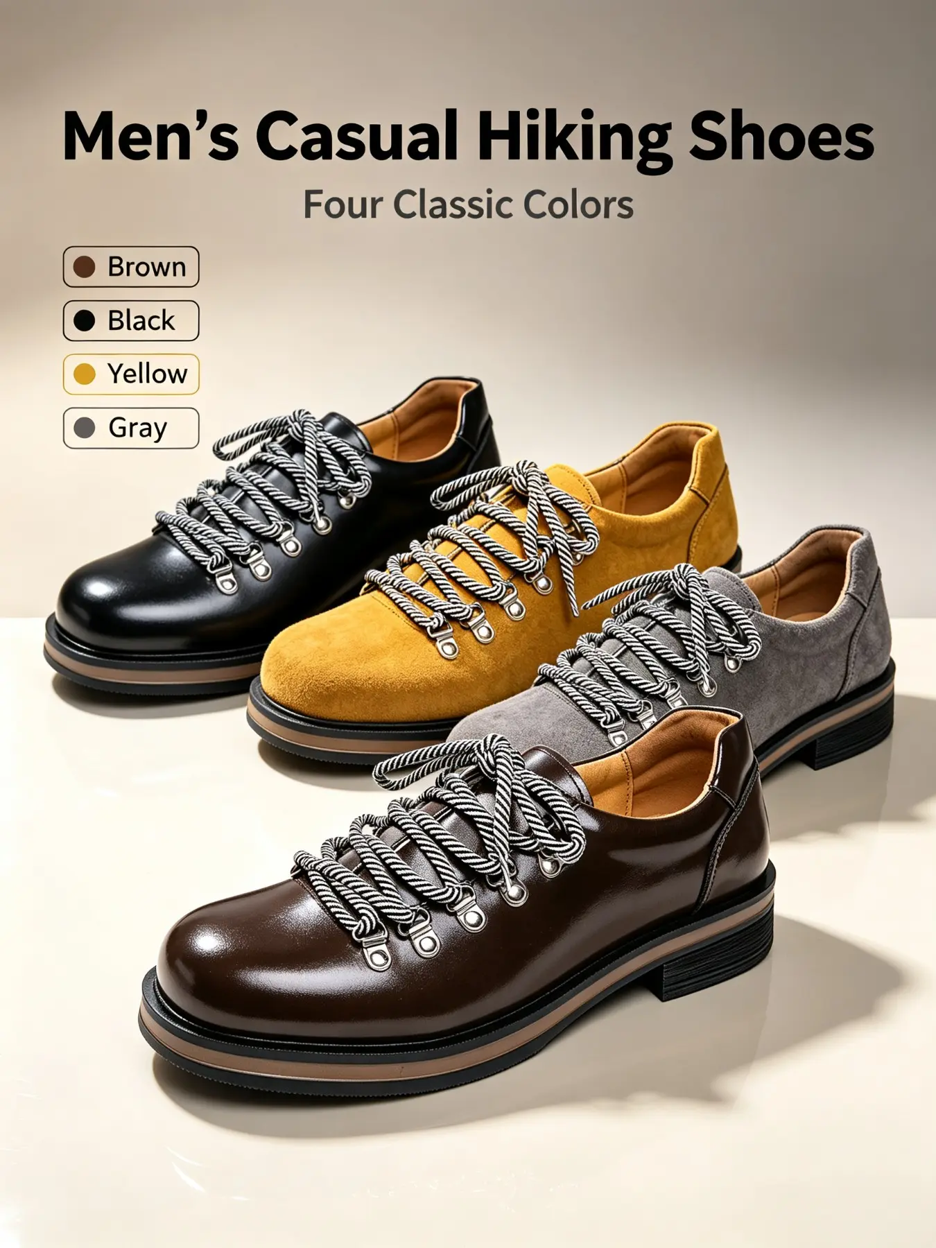 Men's Round Toe Fashion Lace-Up Casual Shoes, American Vintage Thick Sole Derby Shoes, Unisex Outdoor Work Boots, Four Colors Available
