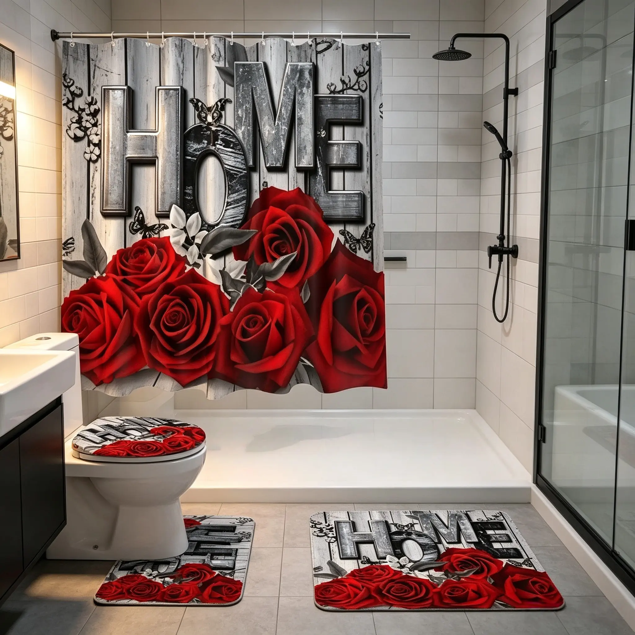 Rustic Vintage Wooden Board Rose Bathroom Set, Waterproof Shower Curtain, Non Slip Bath Rug, U-Shape Toilet Mat, Farmhouse Floral Decor Kit, Flower Shower Curtain, Shower Curtain Set With Rugs, Floral Shower Curtains For Bathroom