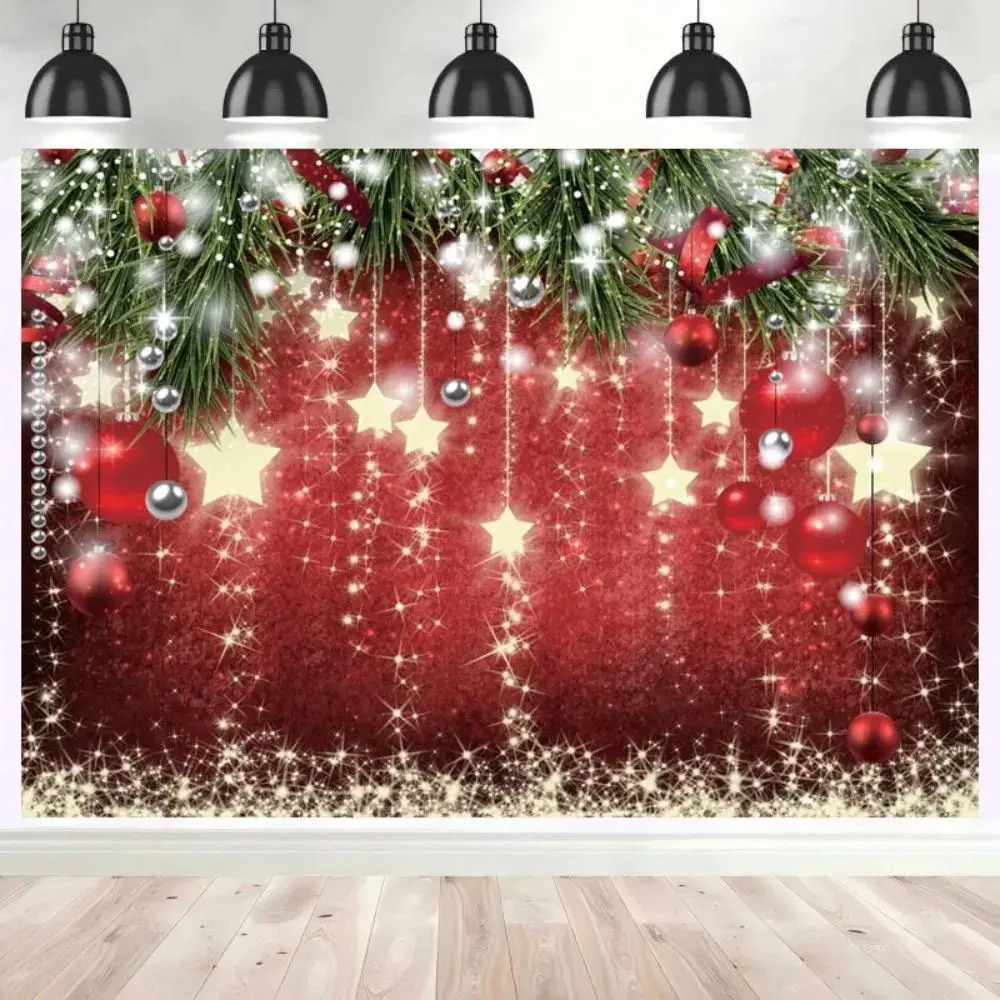 Red Ball Theme Christmas Backdrop with Border, Lightweight Retro Shining Stars Design, Festive Cloth Banner for Christmas & New Year Party Decorations