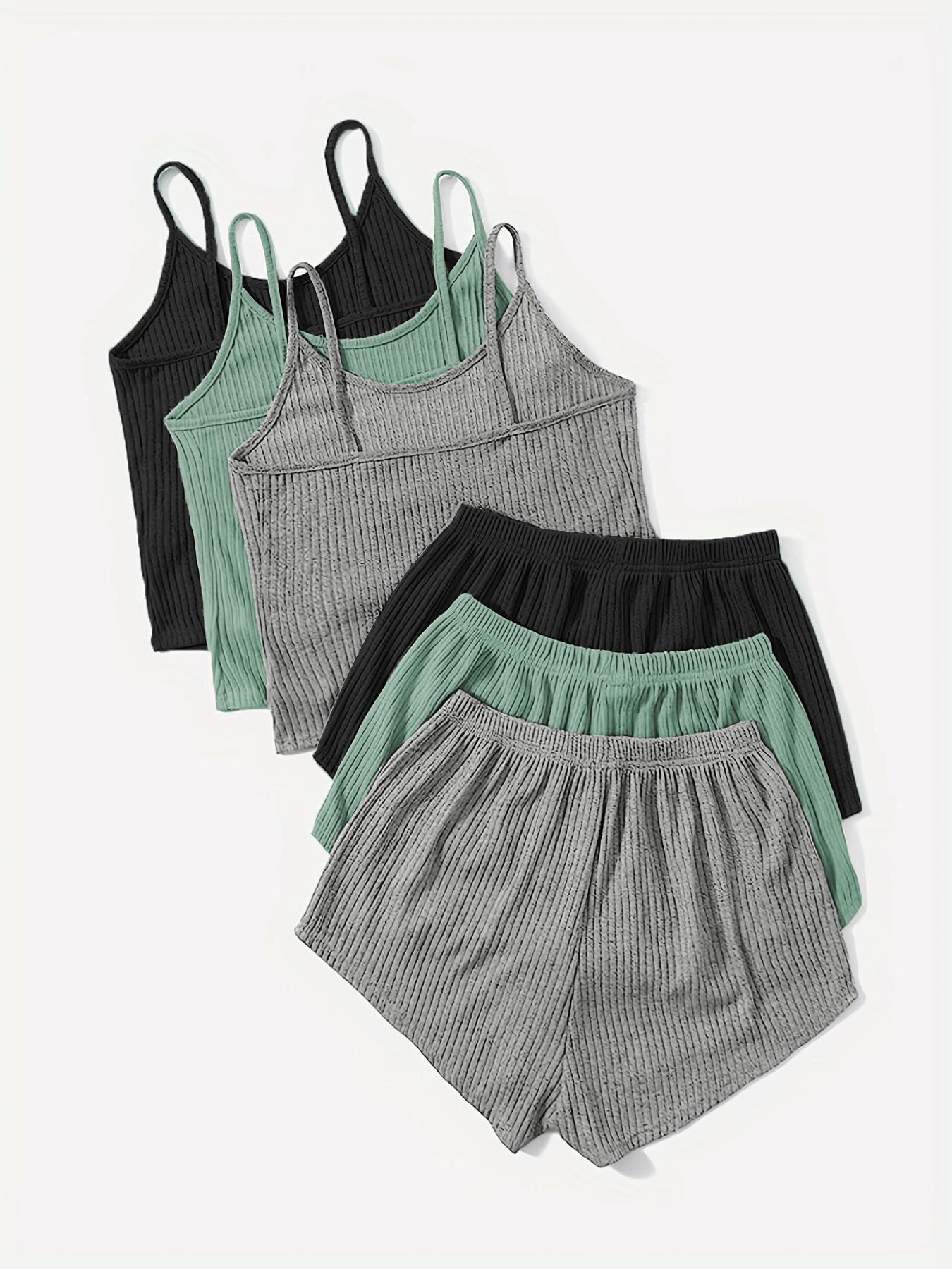 Six-Piece Set Women's Plain Basic Fitted Ribbed Shorts Set, Casual Soft Crop Spaghetti Strap Cami Top & Elastic Waist Shorts Set, Summer Clothes, Summer Outfits Set for Outdoor Holiday, Cute Summer Outfit