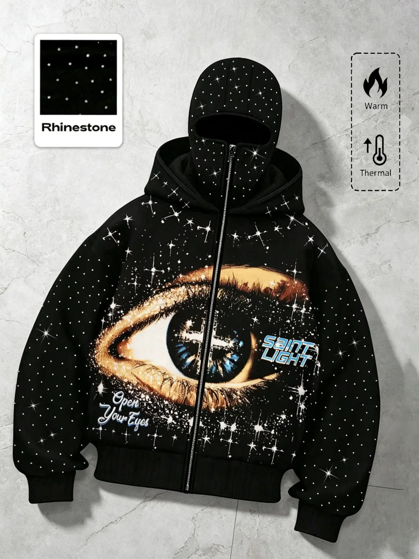 Y2K Retro Star Rhinestone Eye Print Balaclava Sweatshirt Hoodie, Men's Baggy Oversize Thick Windproof Warm Streetwear Jacket, Fall & Winter Fashion