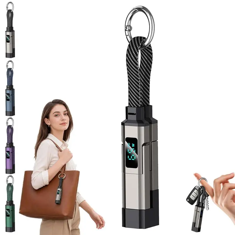 4-in-1 Mobile Smart Display Keychain Cable - Portable Digital Display Charger Lanyard Cord, Braided Short Fast-Charging, Kink-Resistant Compact Multi-Interface (Black)