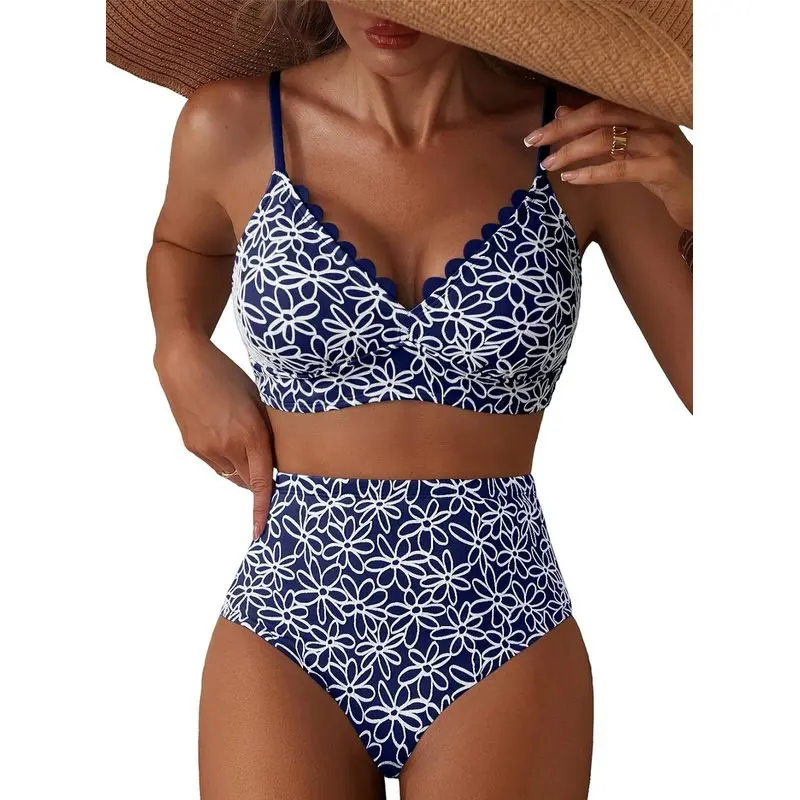 Womens Floral Embroidered Bikini Set High Waisted Two Piece Swimsuit with Scalloped V Neck Padded Wire Free Tie Back Full Coverage Bathing Suit for Beach Vacation