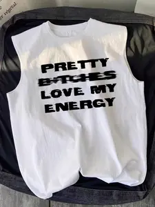 Vintage Blurred Bold English Slogan Vest, Pretty B*chies Love My Energy Print, Loose Sleeveless Casual Top, Geometric Pattern