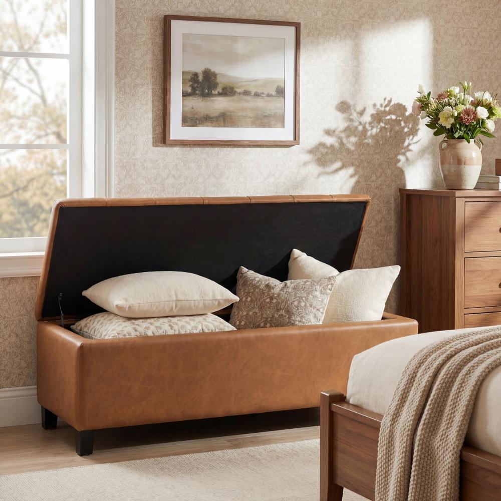 Ottoman Bench with Storage, White Boucle Surface, Rubber Wood Legs, 300 lbs Capacity