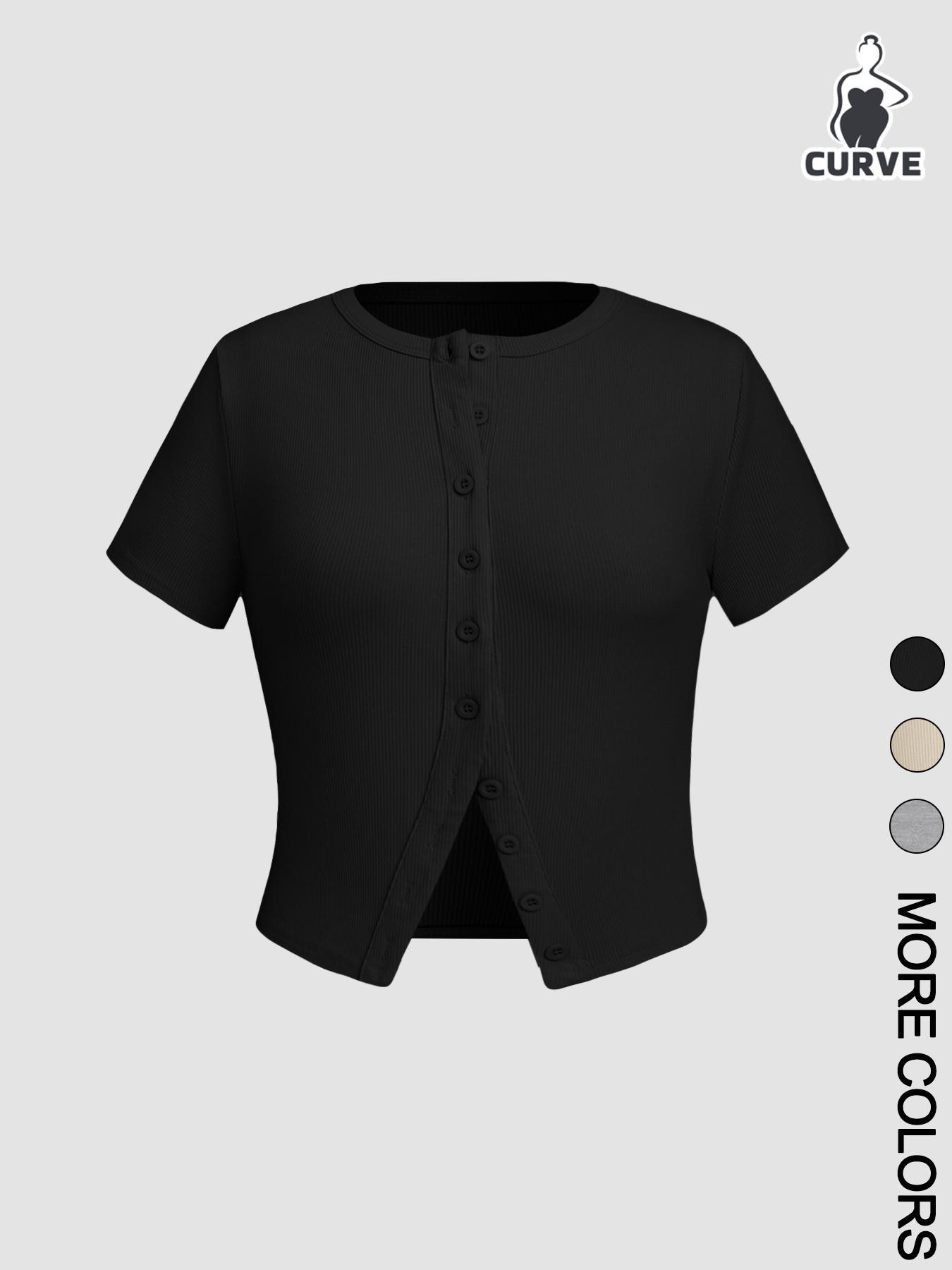 【Plus Size】 Solid Color Button Tee, Casual Short Sleeve Round Neck T-shirt for Daily Wear, Women Plus Clothing for Summer, Casual Fashionable Top, Top