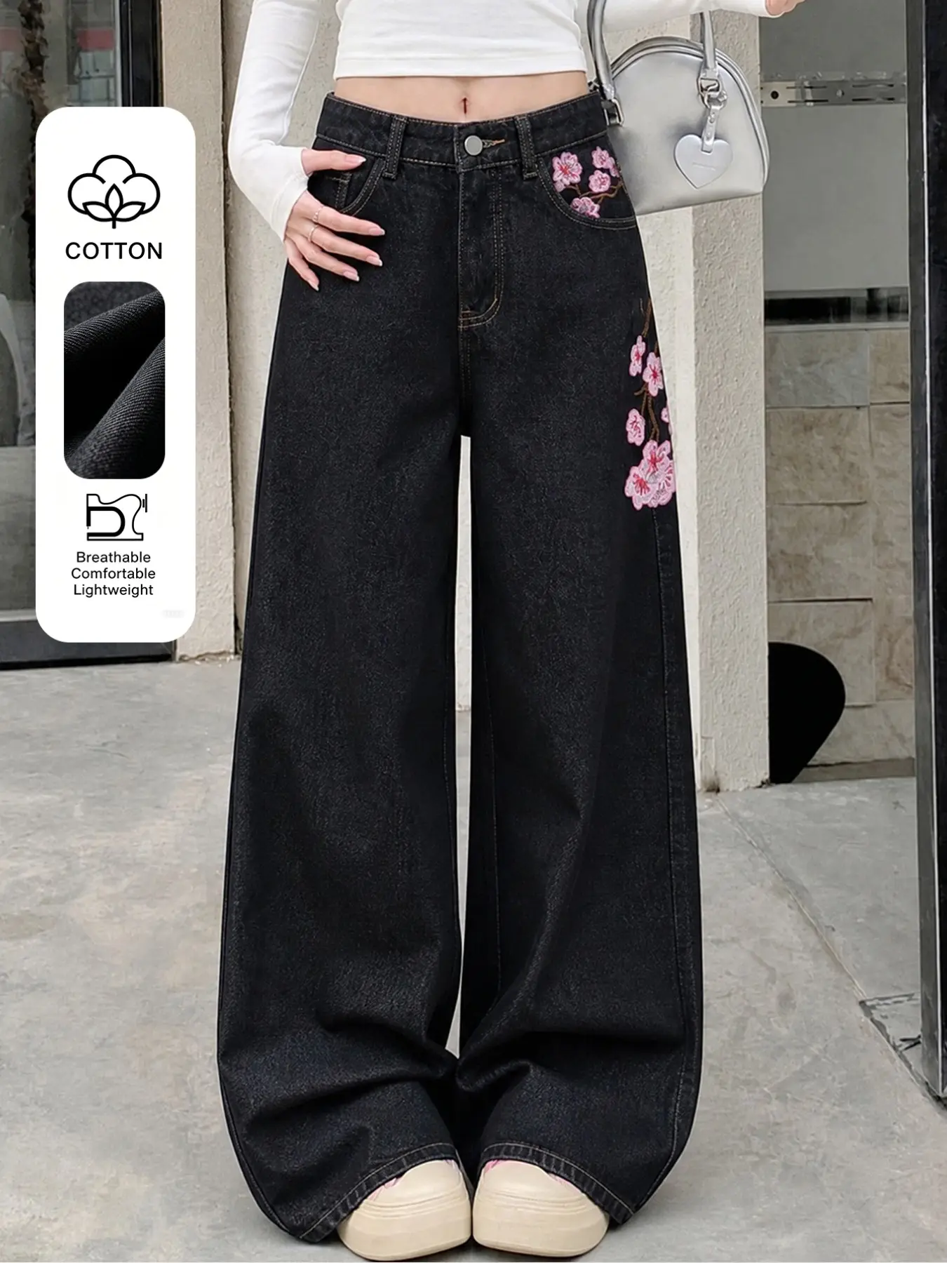 New Traditional Cherry Blossom Embroidery Wide Leg Jeans for Women, High Waist Flowy Slimming Versatile Denim Long Pants