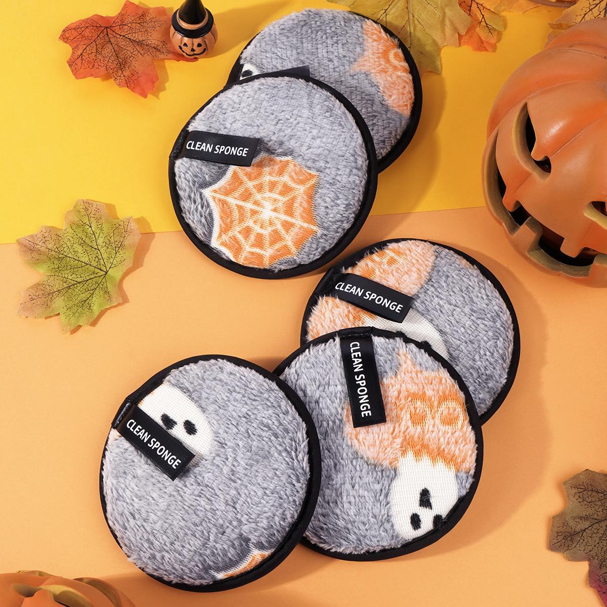 Spider Web Ghost Pattern Makeup Remover Powder Puff, 5 Counts Reusable & Washable Makeup Remover Puff, Facial Cleansing Puff, Makeup Tools for Women