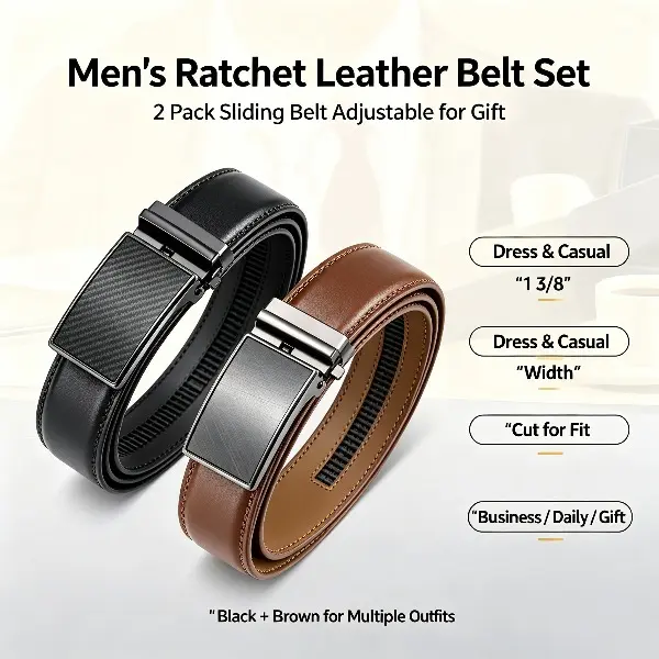Men's 2-Pack Ratchet Leather Belts, Automatic Sliding Buckle, Adjustable Cut-to-Fit 1 3/8" Belts for Dress & Casual Wear, Ideal Men's Gift