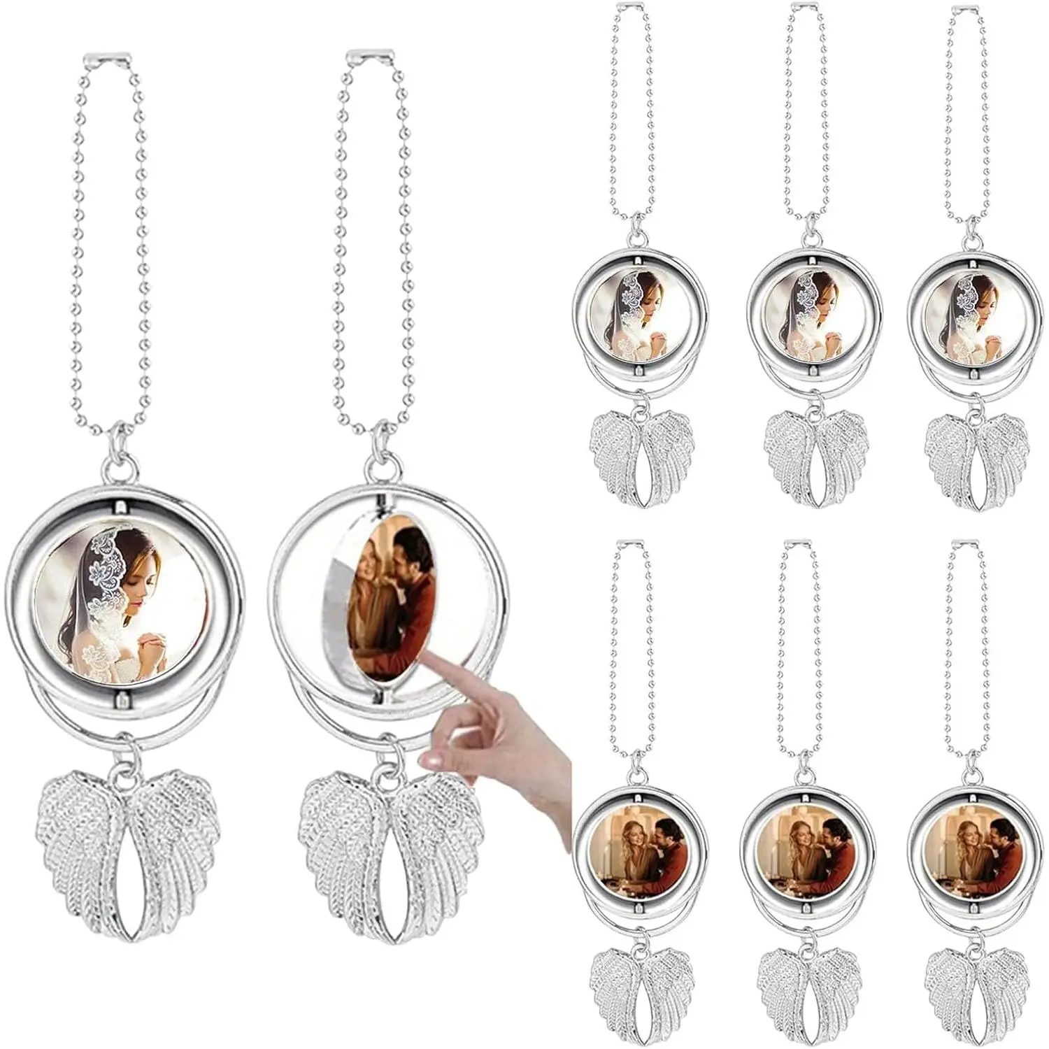 8 Set  Angel Wing Sublimation Blank   Ornament Charms Heat Transfer Blank Photo Frame Pendants Customize  for Automobile Rearview Mirror  Window (Rotating-Small)