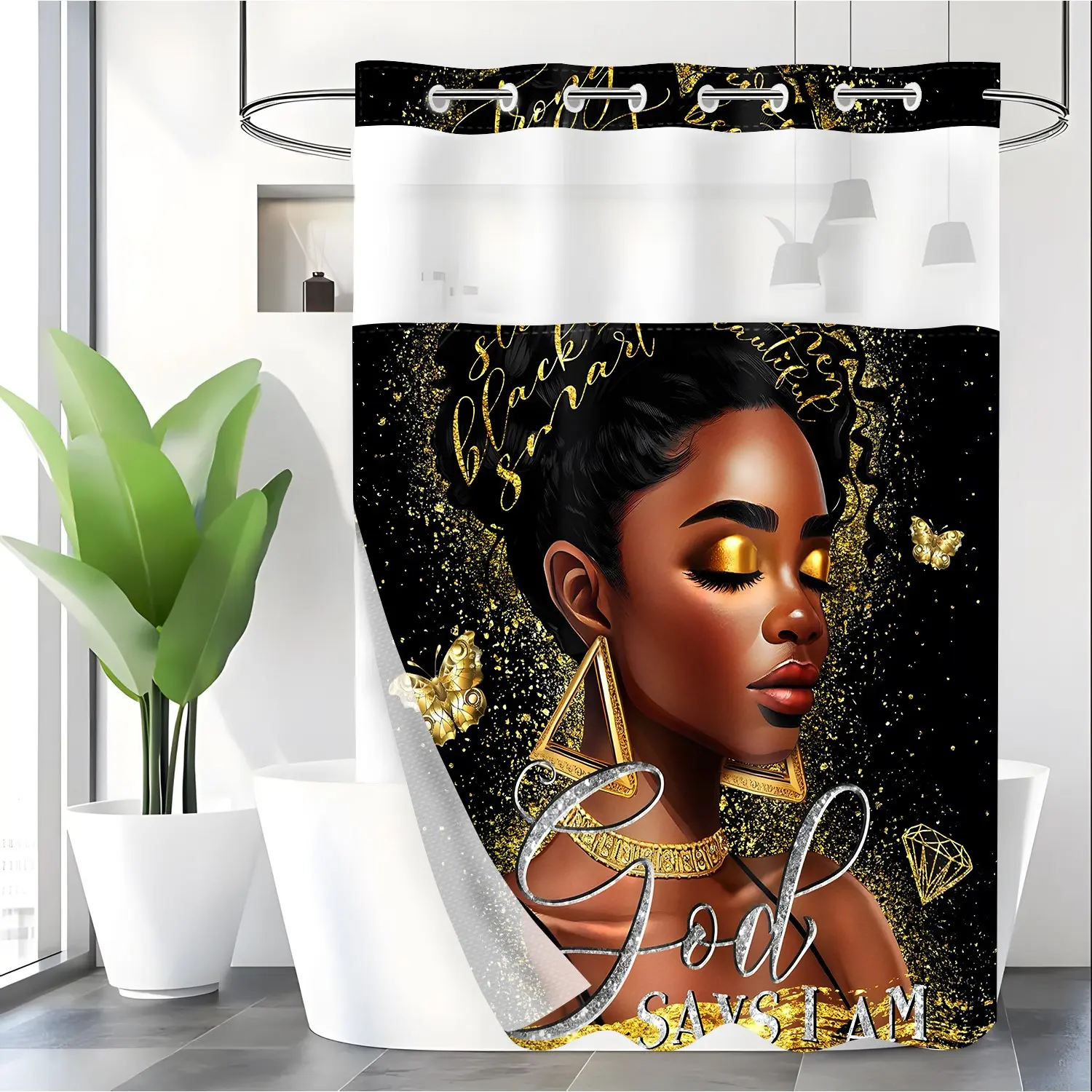 LVRLVR 1pc Glam Black Gold Glitter Butterfly Diamond Affirmation Melanin Woman Shower Curtain, Solid Black Background Golden Glitter Black Lady God Says I Am Script Art Print, Sheer Top Light Window, Detachable Liner & Hook-Free Integrated C-Ring, 70.8" x