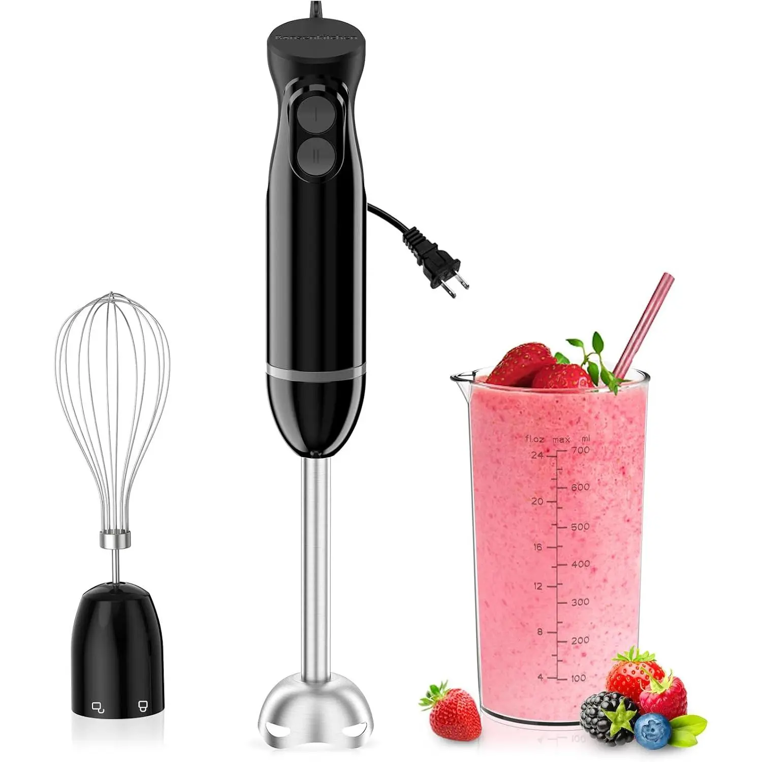Immersion Blender Handheld, 2 Mixing Speed Hand Blender Electric with  , 3-In-1 Hand Held Stick Blender with Egg Whisk, 24oz Beaker for Soups, Smoothies, Sauce