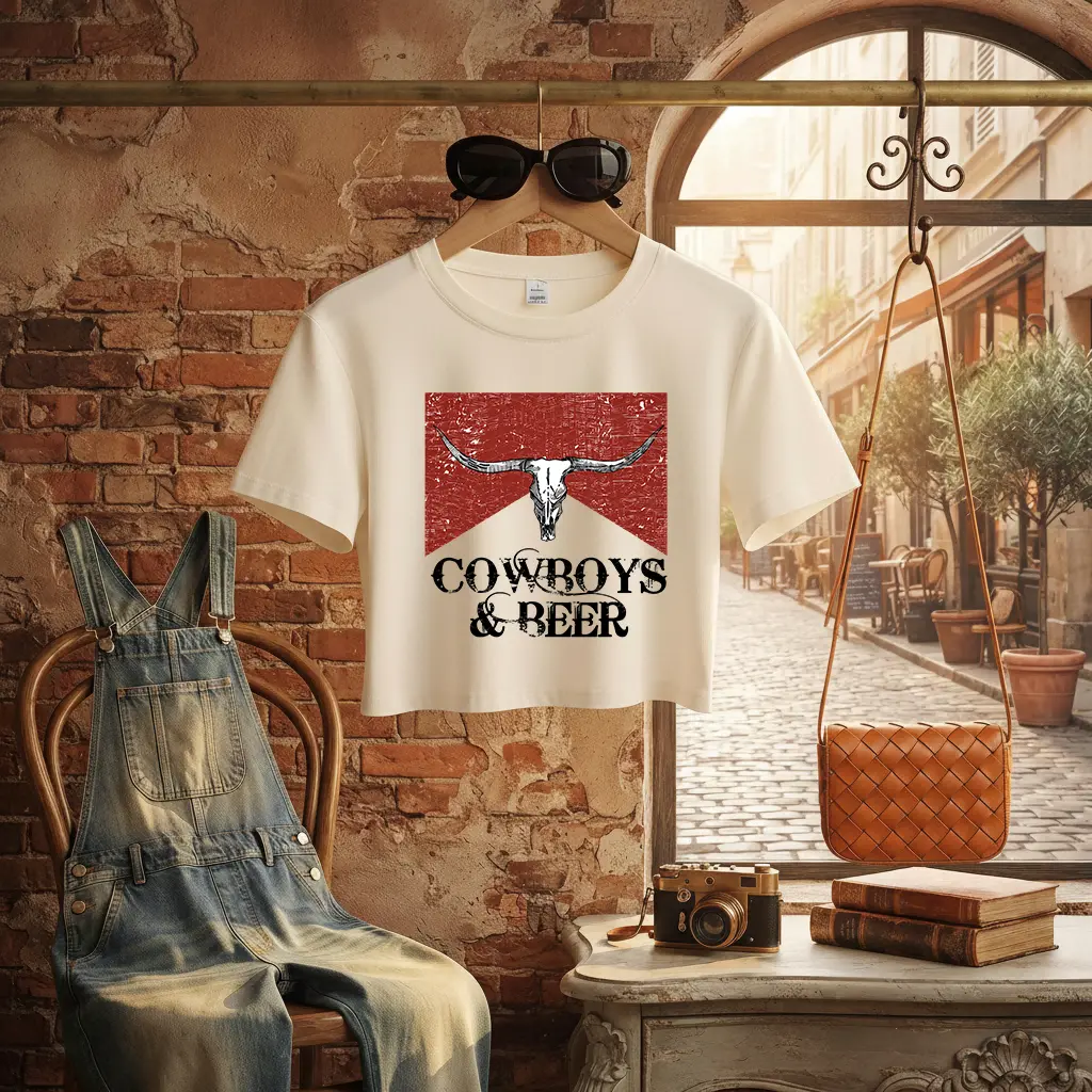 Women's Western Cow Skull & Beer Graphic Shortleeve Crop Top - Round Neck, Pure Cotton Casual Streetwear for Country Concerts, All Seasons Hangable Women's T-Shirt, Shortsleeve