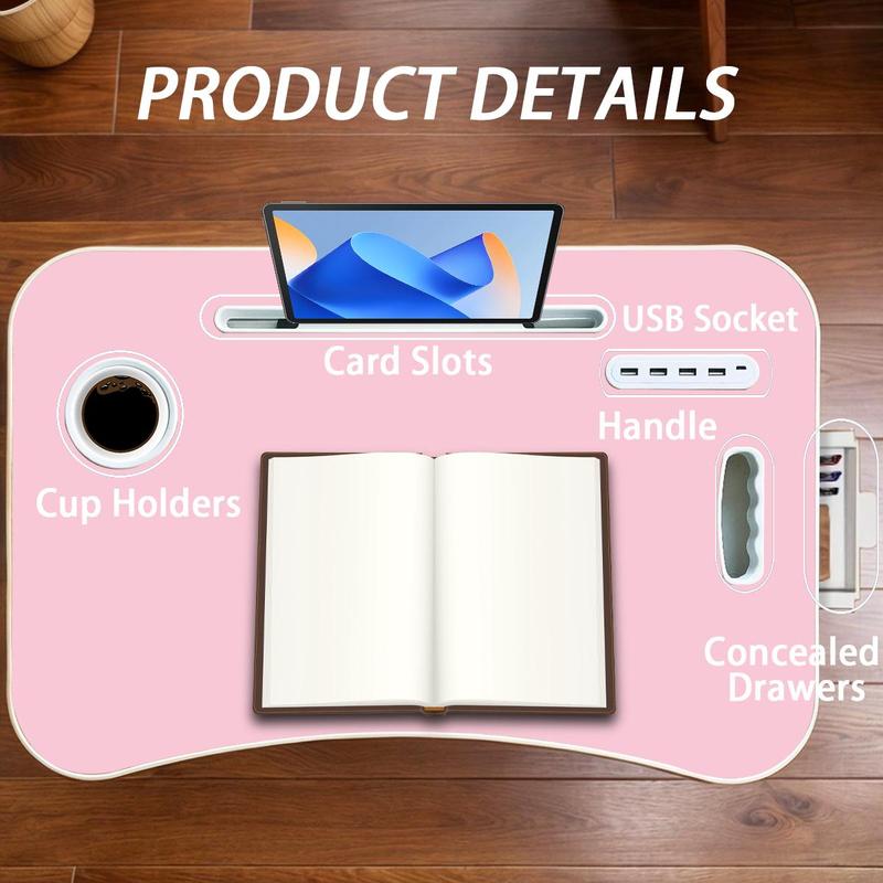 Portable Foldable Laptop Bed Desk with 4 USB Ports Storage Drawer Cup Holder for Bed Couch Working Reading Compact Workstation