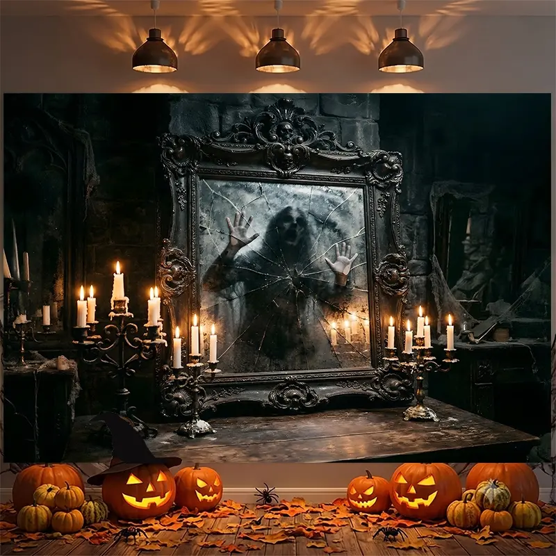 Cracked Mirror Trapped Ghost Halloween Backdrop, Photography Background, Party Backdrop, Photo Booth Background, Studio Backdrop, Video Background, Haunted House Backdrop, Perfect for Halloween Parties, Live Streaming, Portrait Shoots, Window Displays, Es