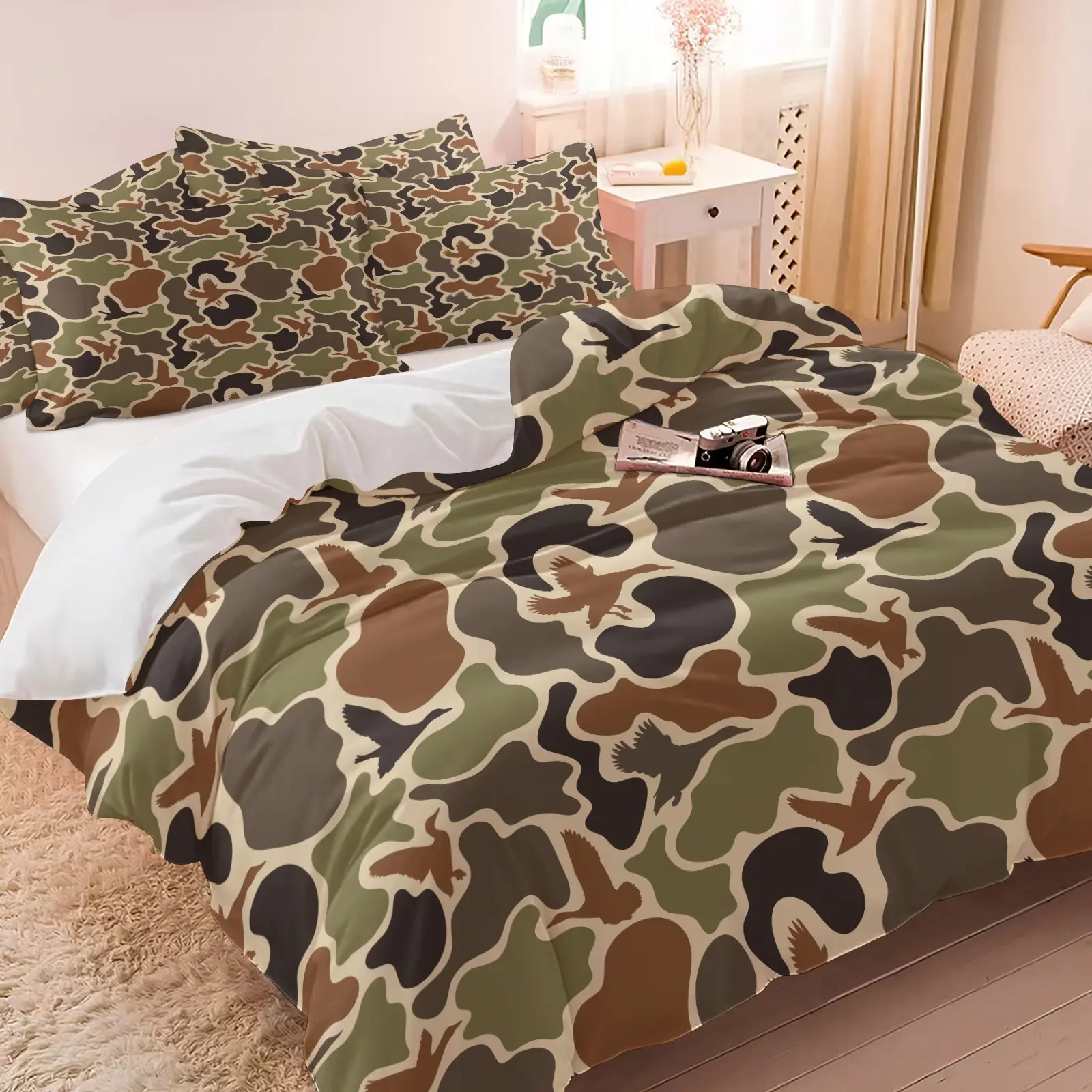 3PCS Outdoor Camo Wild Duck Duvet Cover Set（1 Duvet Cover + 1-2 Coreless Pillowcases ), Earth Tone Hunting Camouflage Bird Pattern, Soft Comfy All Seasons Bedding Set,Ideal for Hunter Themed Bedroom Decor
