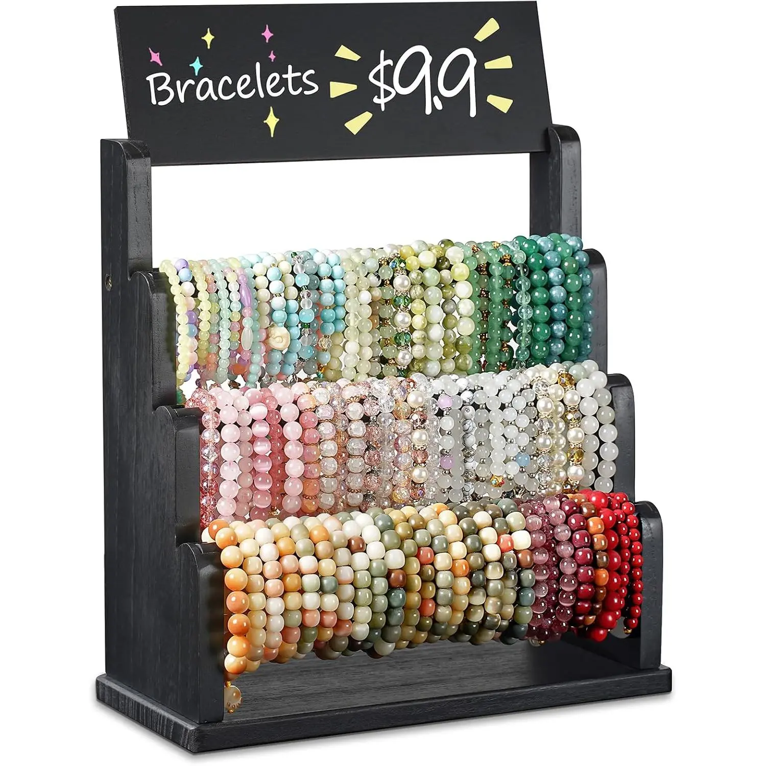 Bracelet Holder with Advertising Board, 3 Tier Bracelet Organizer Stand Storage for Bracelets Bangles Watch Scrunchies, Rustic   Display for Vendors, Craft Shows & Store (Black)