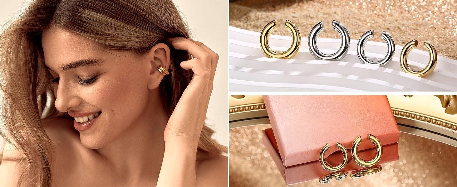 CASSIECA Ear Cuff for Women CZ Fake Helix Cartilage Earrings Fake Piercing Ear Cuff Earrings 14K Gold Clip Ear Cuff Silver Gold Sparkling Round Huggie Earrings Without Ear Piercing