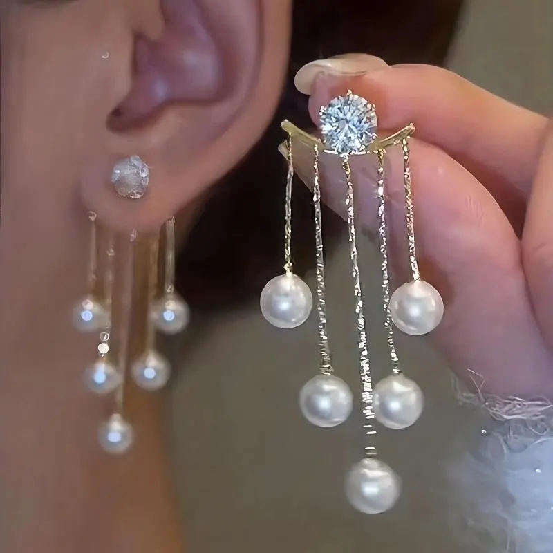 1 Pair Faux Pearl Dangle Earrings, Drop & Dangle, Shiny Zirconia Accents, Elegant Ear Jackets, Banquet-inspired Style, Decorative Tassel Details, Hypoallergenic, Nickel-free, for Formal Occasions, Earrings for Fashion, Decoration