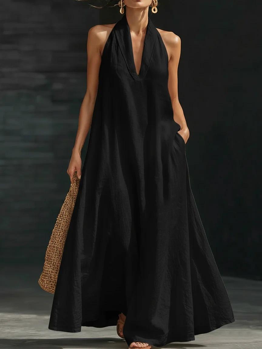 European and American new 2026 summer women's casual solid color V-neck dress