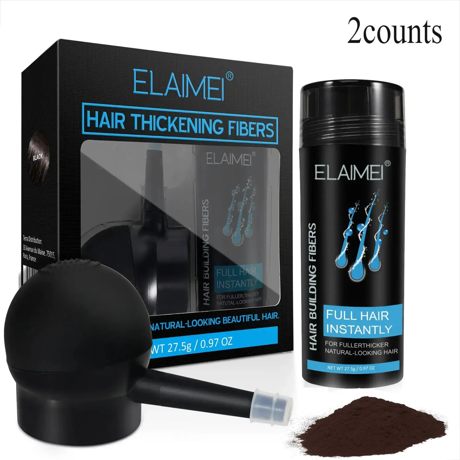 Elaimei Hair Fiber Kit, Static Adsorption Technology, Natural Hair Fibers, Spray Bottle + 27.5g Powder, Ideal for Thin Hair, Hair Powder For Thinning Hair, Instant Fuller Look, Hair Thickening Powder, Hair Volume Powder