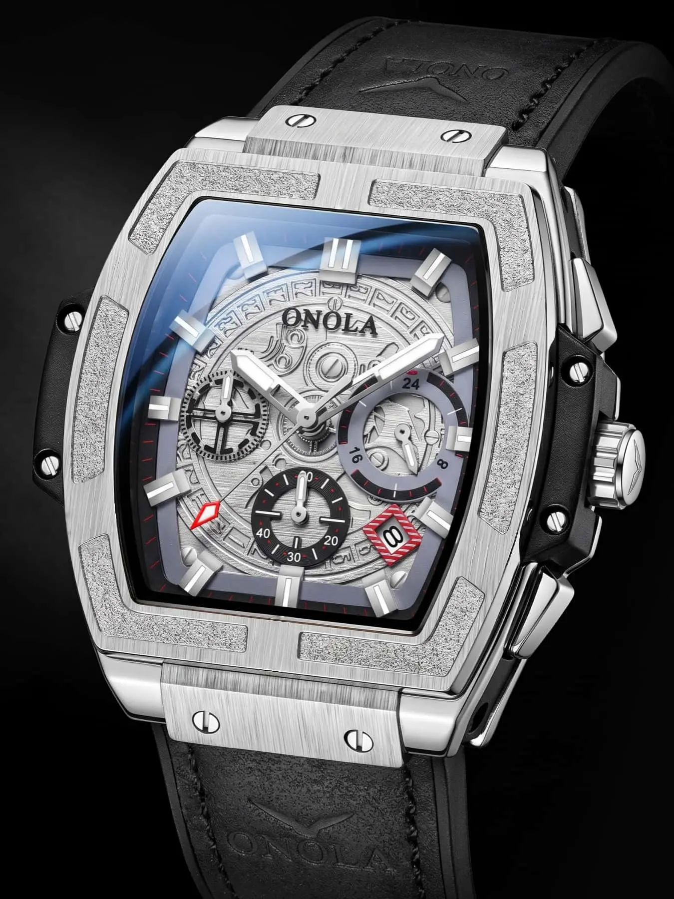 ONOLA Quartz Watch, Fashion Luxury Business Men Quartz Wristwatch Chronograph Hand Watch Tonneau Leather Strap Male Wristwatch Business Daily Luxury Luminous Dial Sports Waterproof Trendy Gift Watch for Men Fashionable Waterproof Wristwatch