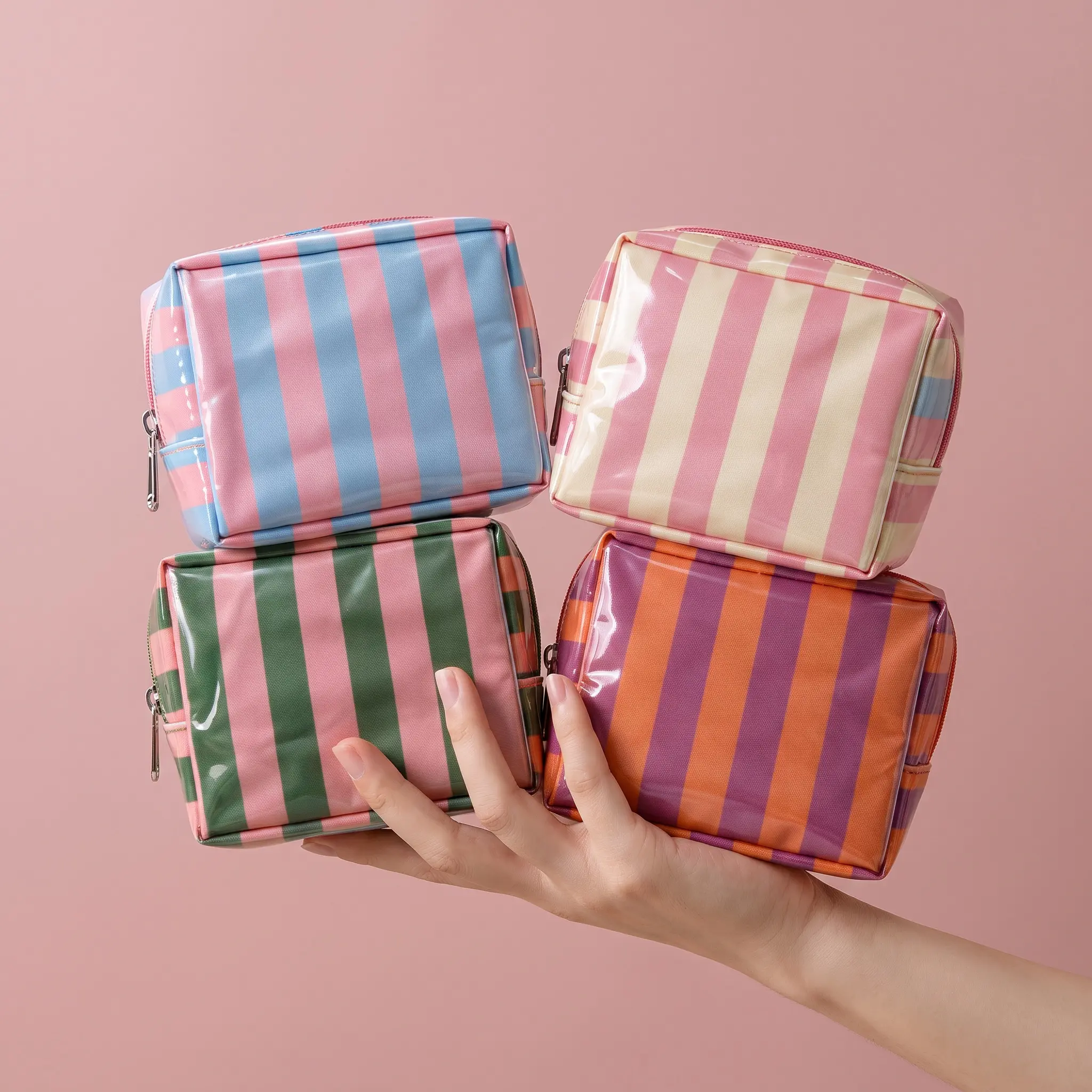 Waterproof Clear Makeup Bag For Travel Cute Striped PVC Cosmetic Pouch Leakproof Storage For Sanitary Pads Pens Daily Essentials Organizer Unisex Zipper Pouch Pink Beige Green Blue Orange