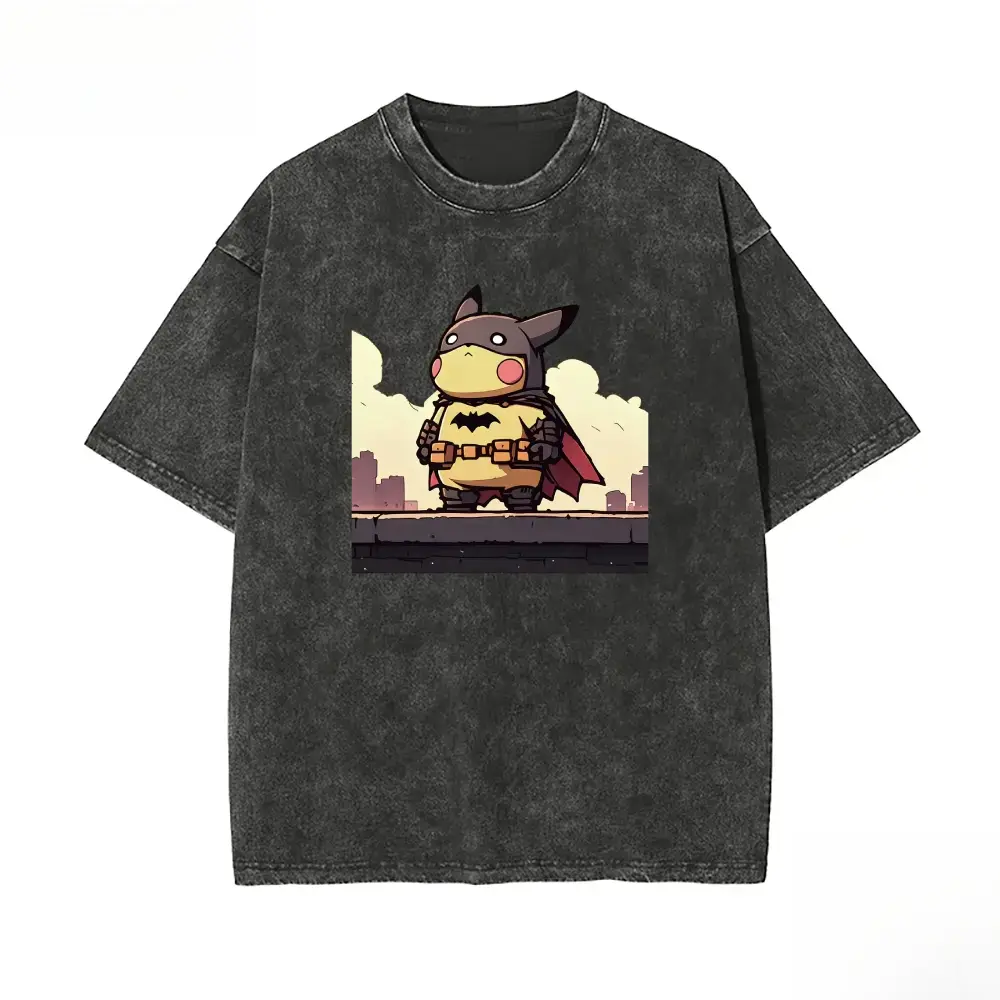 Men's Vintage Acid Wash Pika-Batman Graphic Tee - Heavyweight  Fabric, Garment Dyed, Stretch, Short-Sleeve, Round Neck, Drop Shoulder Oversized Fit