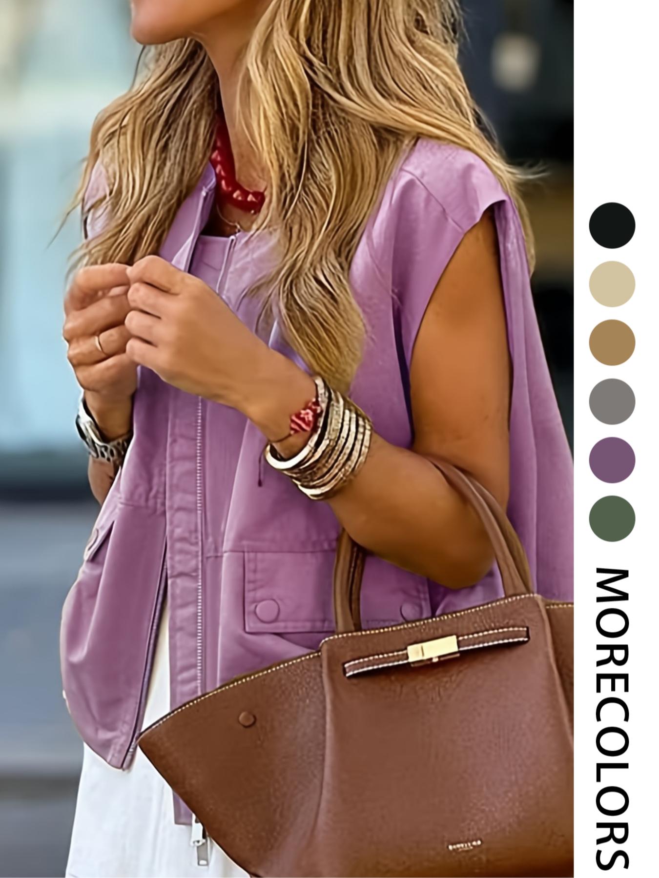 Women's Solid Color Fitted Zip-Front Vest, Casual Sleeveless Outerwear for Daily Wear, Ladies' Clothes for All Seasons