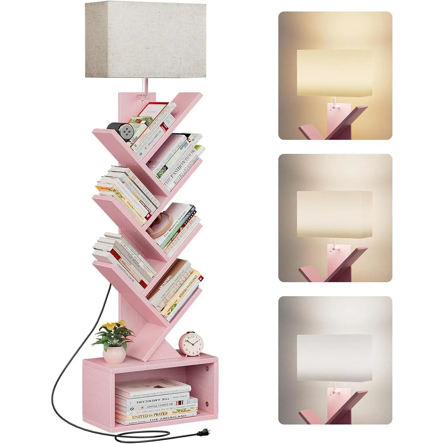 6 Tier Tree Bookshelf with Light, Narrow Bookcase Tower, Tall Floor Standing Book Shelf Organizer with Storage Cabinet for Living Room, Bedroom and Home Office, Pink