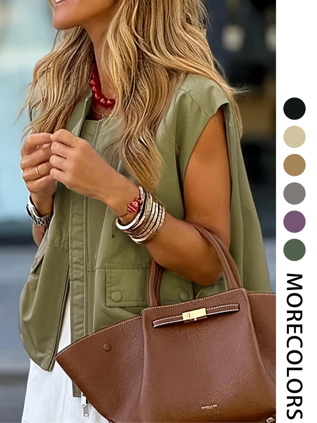 Women's Solid Color Fitted Zip-Front Vest, Casual Sleeveless Outerwear for Daily Wear, Ladies' Clothes for All Seasons