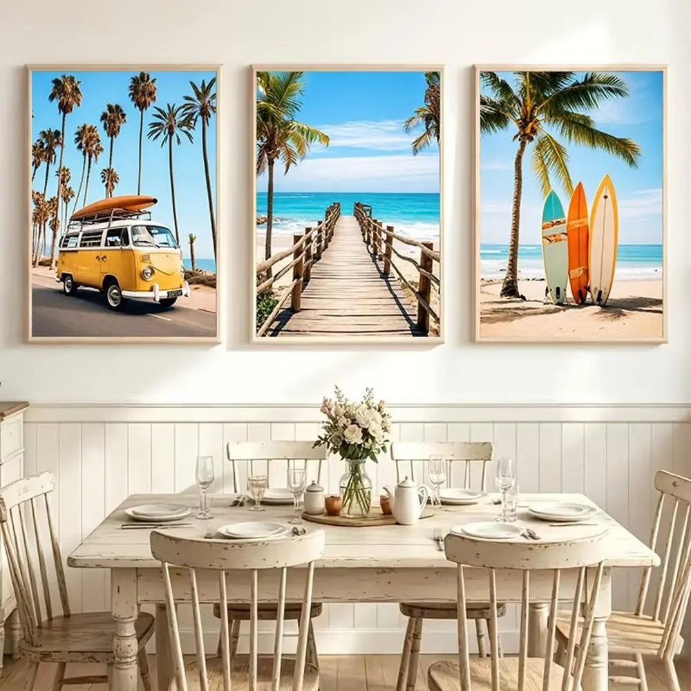 3-piece set of vintage yellow surfing bus and tropical beach ocean poster prints, suitable for decorating living rooms with sea views, palm trees and surfboards, frameless wall paintings at the dock, holiday canvas decorative painting gifts, frameless