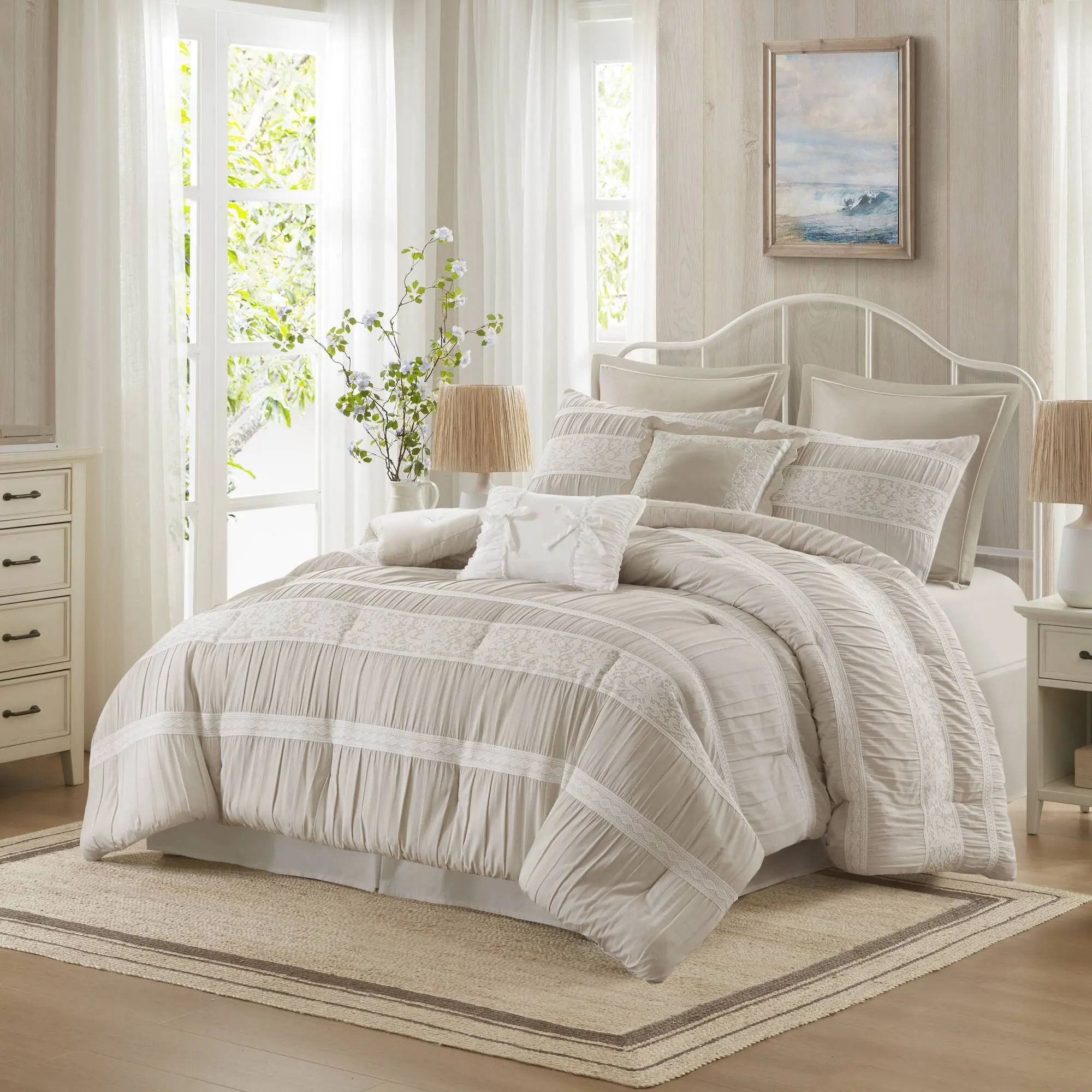 Nokaa 7-Piece King Jacquard Comforter Set with Shams and Bed Skirt, Elegant Bedding Ensemble for Master Bedroom or Guest Room, Soft All-Season Down Alternative Fill, Machine Washable, King/California King Options