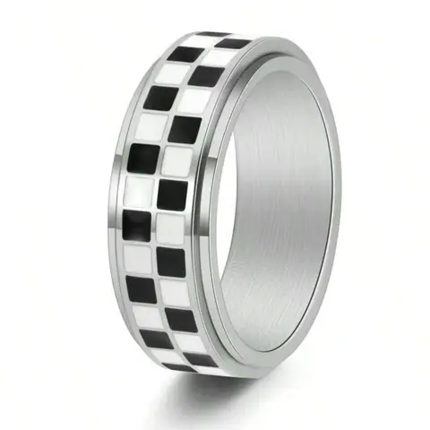 Checkered Pattern Fidget Ring for Adults, Unisex Appeal, Plated Stainless Steel, Casual Style, All Seasons, Stress Relief Jewelry, Fashion Rings, Finger Rings
