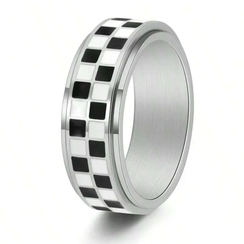 Checkered Pattern Fidget Ring for Adults, Unisex Appeal, Plated Stainless Steel, Casual Style, All Seasons, Stress Relief Jewelry, Fashion Rings, Finger Rings
