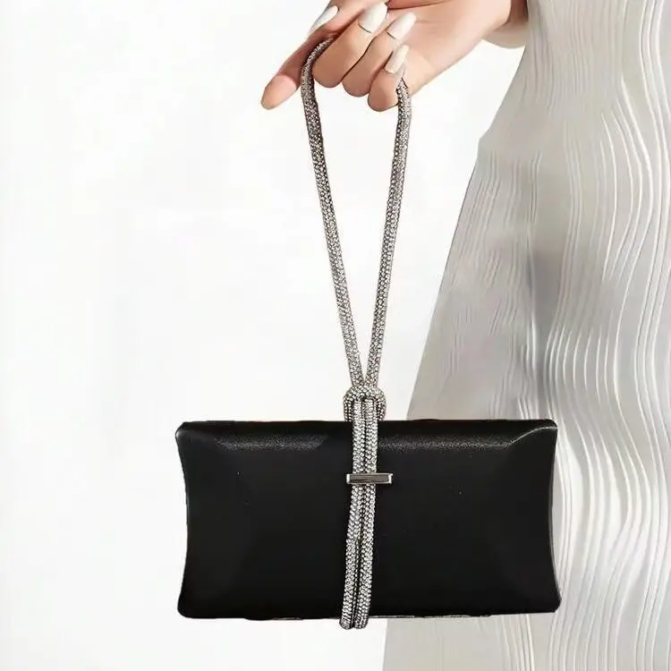 Smooth Faux Leather Rectangle Evening Clutch Bag For Women, Rhinestone Knotted Strap Handheld Purse, Minimalist Hardcase Handbag For Cocktail Party Wedding Valentine's Day