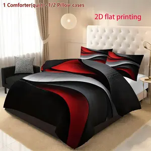 3-Piece Red Black Splicing Pattern Quilted Quilt Set, Bedding sets - Soft, Lightweight, Breathable, 200gcm Quilted Filler, Includes 1 Quilt and 2 Pillowcases (excluding pillow core) Suitable for bedroom, dormitory, air-conditioned room decoration