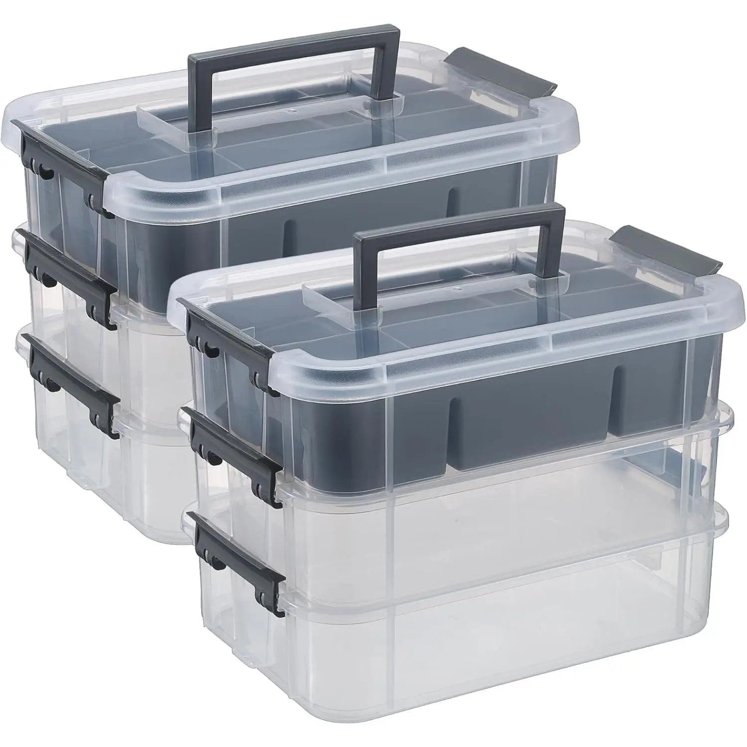 3-Tiers Plastic Stack Carry Storage Containers Box wih Handle  | 2 Pack Clear Stackable Craft Storage Bin for School & Office Supplies, Organizing Stationery, Sewing, Art Craft, DIY Supplies
