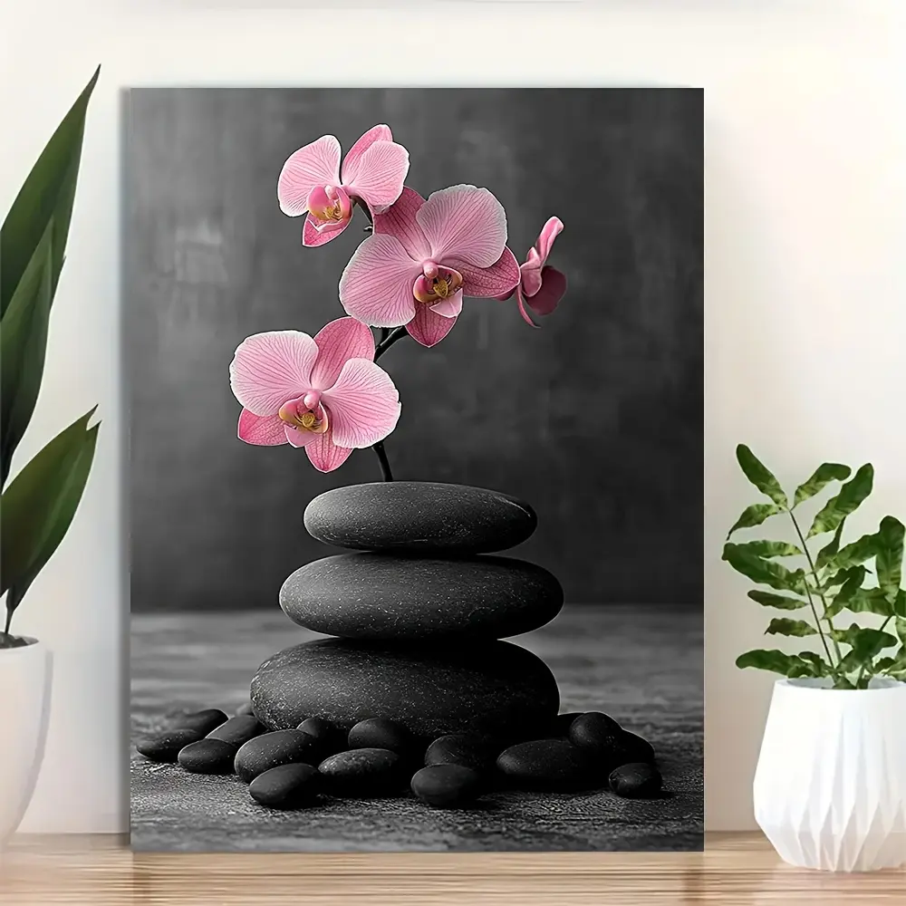 2D Flat Painting 1 Piece Wooden Framed Canvas Wall Art Beautiful Pink Orchid Black Pebbles Modern Floral Zen Spa Design Home Bathroom Decor Canvas Print Wall Art