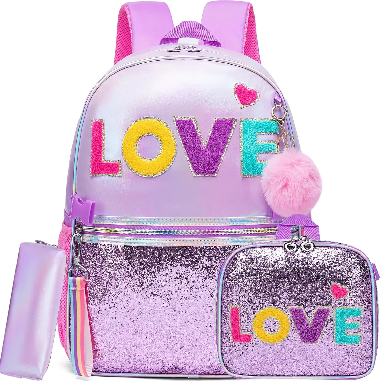 Girls' 3-Piece Polyester Metallic Pink School Backpack Set - Cute Shimmering Glitter LOVE Bookbag with Insulated Lunch Box, Chenille Patch Rainbow Pencil Case for Kids
