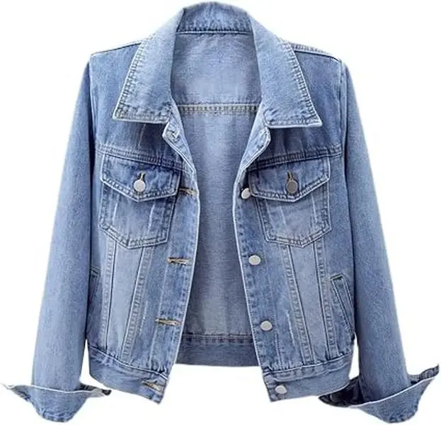 Women's Sleeve Colored Cropped Denim Jacket Light Wash Short Jean Jacket Trucker Coat