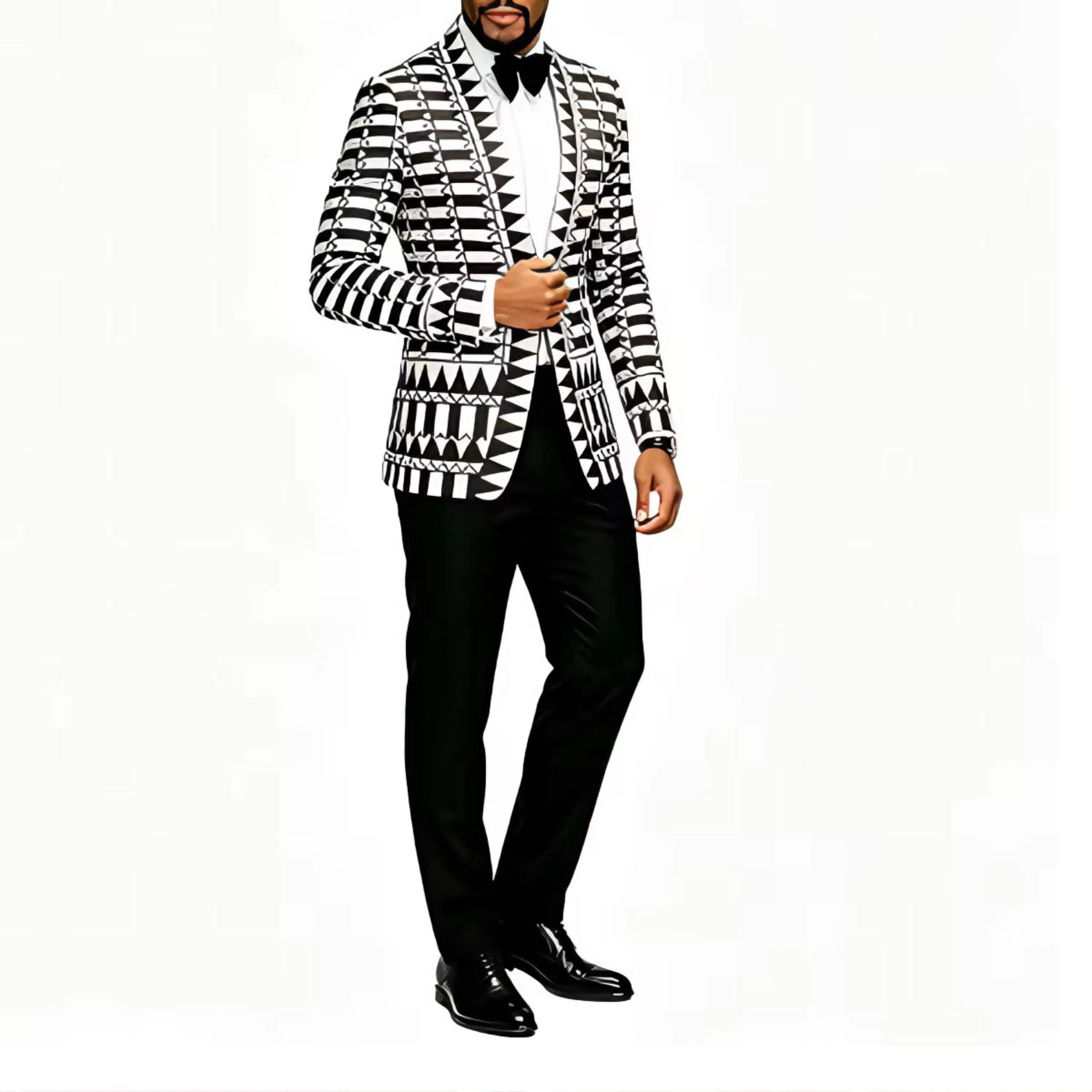 Men Black White Geometric Print Blazer Slim Fit Open Front Tuxedo Jacket, Stylish Pattern Suit Coat for Wedding Prom Party Stage Nightclub Dinner, Long Sleeve, Formal Attire, Menswear, Fitted, Evening