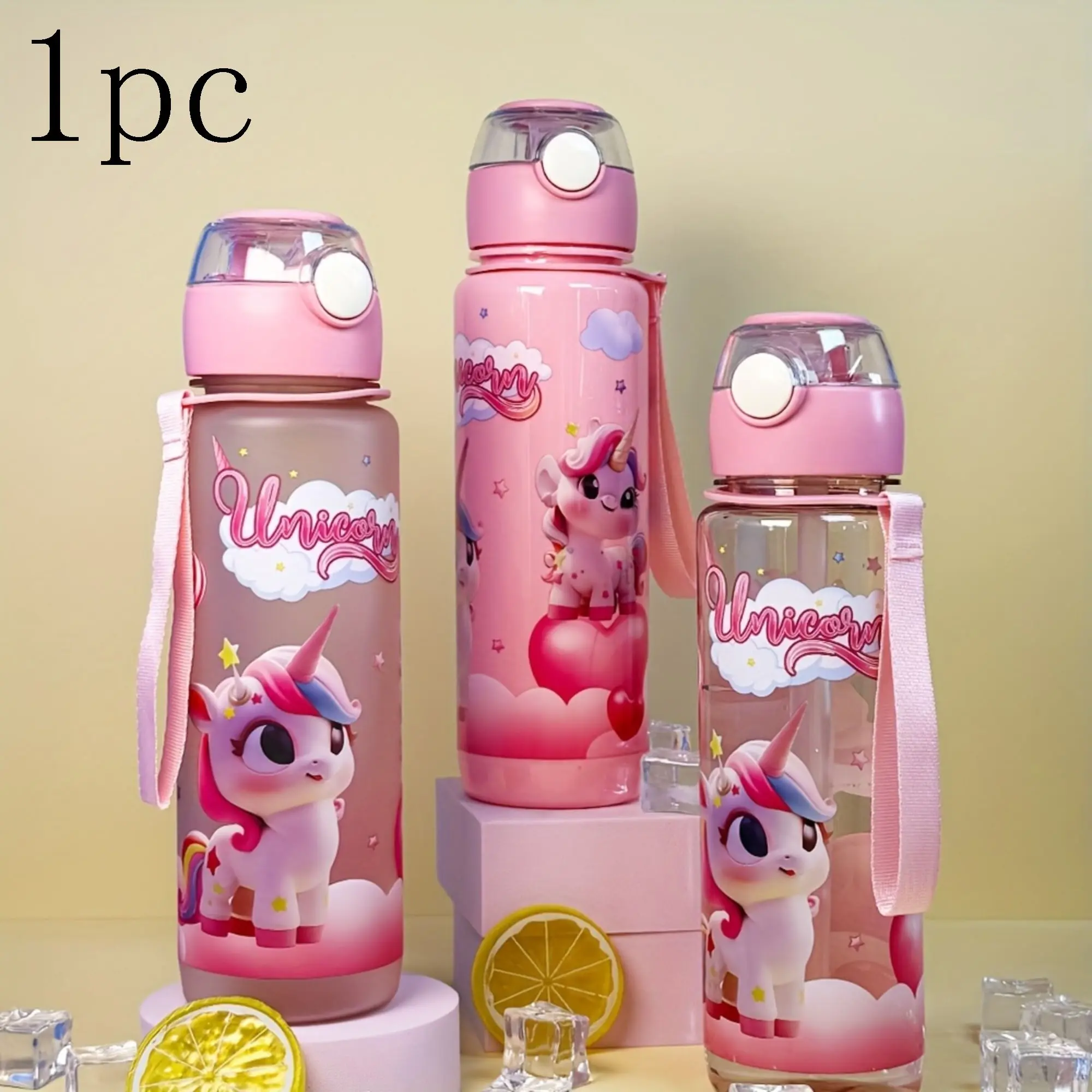 700ML Sporty Bounce Water Bottle with Straw, Fun Cartoon Design, Unicorn Theme, Portable with Handle, Sand Texture, New Arrival, Water Bottles, Drinkware